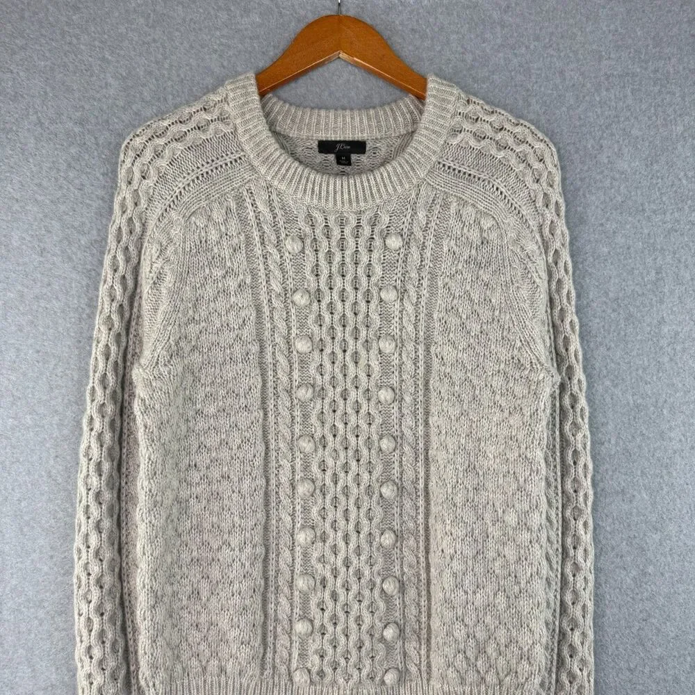 J. CREW Crewneck Sweater Gray Wool Blend Chunky Cable Knit Popcorn Preppy Size M